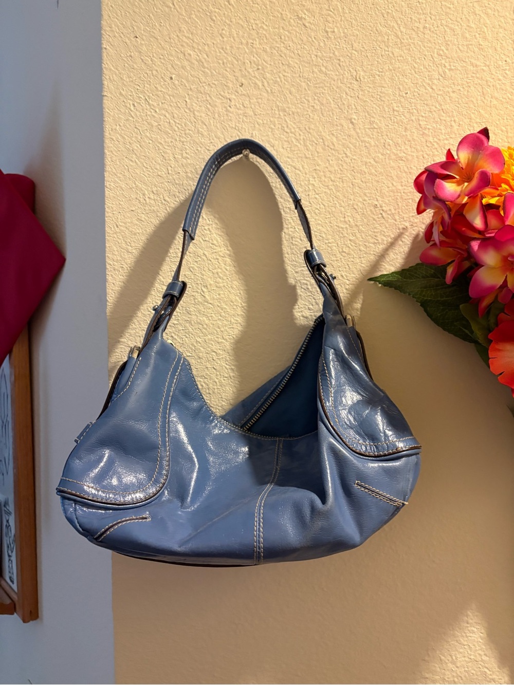 Women's Blue Leather Shoulder Bag - Soft Hobo Purse